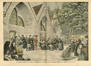 Ilustrace Eugene Damblans (1865-1945) v Le Pelerin, 28/08/04 - U bazénů v Lourdes, v těchto dnech pelerináží a modliteb, stovky pacientů žádají o svou válku - Lékařství, Náboženství Víra, Architektura Městské plánování , katolický katolík od Eugene Damblans