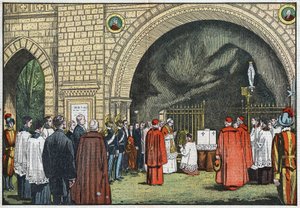 Před „Grotto de Lourdes“ ve vatikánských zahradách požehnal papež Pius XI. Ilustrace Damblans. V „Le Pelerin“ 3. června od Eugene Damblans