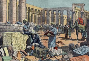 Jean Francois (Jean-Francois) Champollion (1790-1832), francouzský egyptolog, studující nápis mezi kolonádami v Thébách. Rytina z roku 1923. Kresba Damblans. od Eugene Damblans