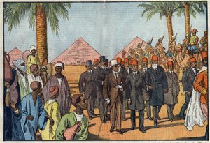 Afghánský král Amanullah (1892-1960) navštíví egyptské pyramidy v doprovodu meharistů. Káhira, Egypt. Ilustrace Damblans. V „“Le Pelerin““ z 22. ledna od Eugene Damblans