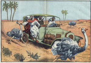 Moderní lov: V arabské poušti movití beduíni vozí mladé Rakušany, aby je chytili živé. Ilustrace Damblans. V „“Le Pelerin“ ze 16. dubna od Eugene Damblans