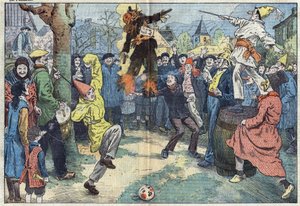 Staré zvyky: kremace „karnevalu“ v Mardi Gras (Mardi-Gras) představuje potěšení a nejdražší opuštěné na prahu Careme. Ilustrace Damblans. V „“Le Pelerin““ ze 16. března od Eugene Damblans