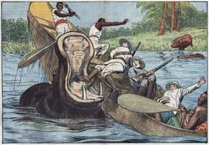 Na Viktoriině jezeře v Africe se loď obsazená anglikánskými misionáři a domorodými obyvateli převrhne zraněným hrochem. Ilustrace Damblans. V „Le Pelerin“ ze 16. května od Eugene Damblans