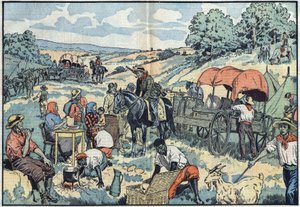 Migrace obyvatelstva v Africe: 2000 Búrů opouští portugalskou kolonii Angola kočárem do úrodnějších oblastí Jižní Afriky. Ilustrace Damblans v „“Le Pelerin““ z 30. září od Eugene Damblans