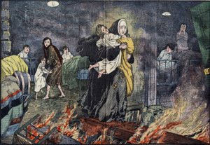 Sestra Marie Gabrielle (Marie-Gabrielle) zachraňující dítě při požáru sirotčince Bernards Ville (Bernards-Ville), ve Spojených státech. Ilustrace Damblans v „“ the Pelerin““ z 27. listopadu od Eugene Damblans
