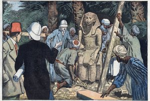 Francouzská archeolgická mise objeví sochu teenagera Sesostris III., který bude přivezen do Louvru. Medamoud, starověké Théby, Egypt. Ilustrace Damblans. V „Le Pelerin“ z 22. listopadu od Eugene Damblans