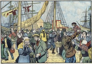 Návrat tresky do Saint-Malo: Terres-Neuvas lovili ryby a shledali se se svými rodinami. Ilustrace Damblans. V „Le Pelerin“ ze 7. října od Eugene Damblans