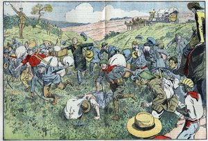Diamantový závod (Jižní Afrika): závod organizovaný s cílem rozhodnout, kdo obsadí diamantové pozemky nejblíže ložisku. Ilustrace Damblans v „“Le Pelerin““ z 3. srpna od Eugene Damblans
