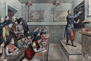 První třída ve francouzštině v Alsasku je znovu dobyta. Ilustrace Damblans. V „Le Pelerin““ z roku 1914. od Eugene Damblans