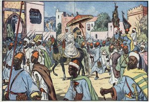 Nový marocký sultán Moulay Mohammed vstoupil do města Rabat. Ilustrace Damblans. V „“Le Pelerin“ ze 4. prosince od Eugene Damblans