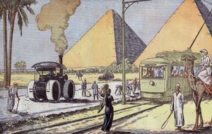 Pohled na pyramidy v Gíze v Egyptě, ilustrace Eugene Damblans z francouzského papíru "Le Pelerin" 1. ledna od Eugene Damblans