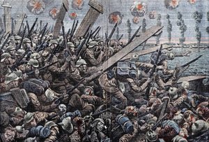 Válka 1914-1918. Fronta Belgie 1914. Němečtí vojáci na Yser. Kresba Damblans. od Eugene Damblans