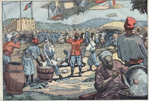 Válka v Maroku: Francouzská letadla dodávají led do obležení srubu disidentskými Maročany. Ilustrace Damblans. V „Le Pelerin“ z 24. května od Eugene Damblans