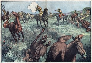 Divocí koně jsou poráženi ve Spojených státech. Ilustrace Damblans. V „Le Pelerin“ z 31. ledna od Eugene Damblans