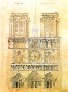 Projekt restaurování západní fasády katedrály Notre Dame v Paříži s rekonstrukcí věže na křižovatce, 1843