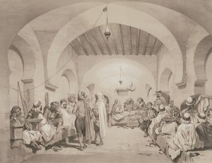 Cafe du Divan, Alžír, ze svazku připomínajícího francouzské expediční síly, které dobyly Alžír v roce 1830, vyryl Adolphe Jean-Baptiste Bayot (1810-66)