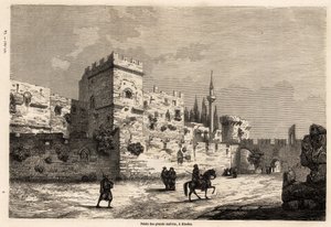 Palác velkých mistrů na Rhodosu, kresba Eugena Flandina, k ilustraci jeho cesty na ostrov Rhodos v roce 1844. Rytina „“ Le tour du monde“, editoval Edouard Charton