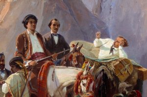 Vzpomínka na cestu z Paříže do Cádizu uskutečněnou v roce 1846 Alexandrem Dumasem a jeho přáteli Zastoupení Alexandra Dumase, otce a syna, Louise Boulangera, Eugena Girauda, A. Maqueta a Desbarollese. Detail. Obraz Eugene Giraud (1806-1881) 1846