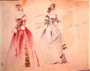 Dva návrhy ženských kostýmů v době vzniku "Les Caprices de Marianne" od Alfreda de Musset (1810-1857) (akvarel na papíře)