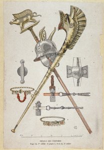 Doplňky galského válečníka: prapor zdobící výuku sagliera, helmu a válečný roh (carnyx) – v „“Ilustrativních učitelských cahierech, válečných kostýmech doby bronzové a galské doby““, ed. Grasset od Eugene Grasset