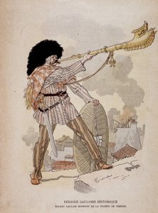 Galský voják znějící z válečného rohu (carnyx) - v „“Ilustrativních učitelských cahierech, válečných kostýmech doby bronzové a galské doby“, ed. Grasset od Eugene Grasset