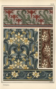 Jonquil, Narcissus jonquilla, jako designový motiv v tapetách a vzorech látek od Eugene Grasset