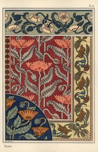 Mák, Papaver somniferum, ve vitrážích, tapetách, tkaninách a vzorech dlaždic. Litografie Marc Mangin od Eugene Grasset