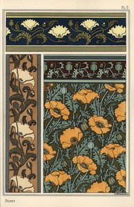 Mák, Papaver somniferum, v tapetách a vzorech látek. Litografie od Verneuila od Eugene Grasset