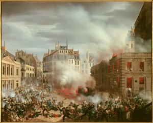 Revoluce 1848: „“ Požár náměstí s vodárenskou věží královského paláce 24. února 1848“. Obraz Eugena Hagnauera od Eugene Hagnauer