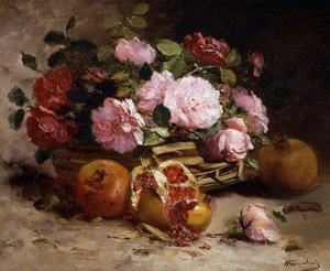 Zátiší s růžemi a granátovými jablky. Obraz Eugene Henri Cauchois (1850-1911) Soukromá sbírka.