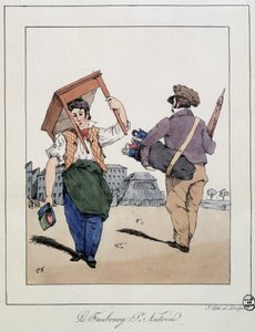 Le faubourg St Antoine: opravář nábytku a obchodník s vycházkovými deštníky – v „“Souvenirs d’un loâneur”” od Eugène Forest, ed. Delpech, Paříž, kolem roku 1830