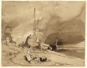 Bord de Plage (Rybářské lodě na pláži, bouřkové mraky v dálce) od Eugene Isabey