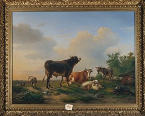 Býk, kráva, osel, koza, ovce a drůbež v rozsáhlé krajině, 1849
