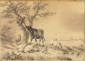 Krajina se zvířaty a chlapec ve stromě, 1866.