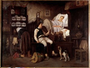 Interiér Bas-Breton nebo Le Nouveau Ne Breton Family v interiéru. Obraz Eugena Lerouxe (1807-1863) Rennes 19. století, Muzeum výtvarných umění