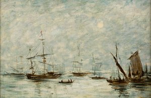 Lodě kotvící v přístavu (olej na plátně) od Eugene Louis (attr.to) Boudin