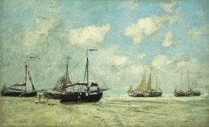 Lodě na pobřeží v Scheveningen; Scheveningen, Lodě uvízlé na Greve, 1875 od Eugene Louis Boudin