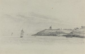 Pobřežní krajina s lodní dopravou, větrný mlýn v dálce, c. 1858. od Eugene Louis Boudin