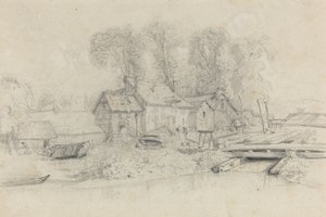 Říční krajina s budovami, čluny a postavami, c. 1858. od Eugene Louis Boudin