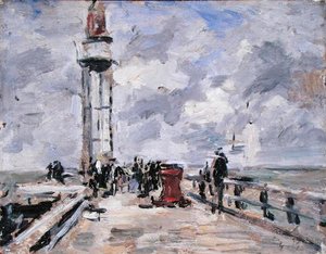 Molo a maják v Honfleuru, kolem 1885-90 (olej na panelu) od Eugene Louis Boudin