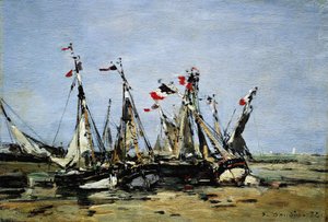 Trouville (Francie), čekání na příliv, rybářské lodě na pláži, vyzdobené francouzskými vlajkami, připomínající Francouzskou revoluci 1789 od Eugene Louis Boudin