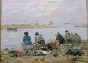 Pračky na břehu řeky Touques poblíž Trouville, Eugene Boudin, malba od Eugene Louis Boudin