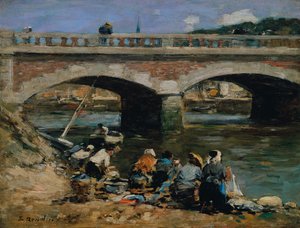 Pračky na břehu řeky Touques, asi 1883-87 (olej na desce) od Eugene Louis Boudin