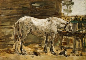 Bílý kůň u napajedla, c.1885-90 od Eugene Louis Boudin