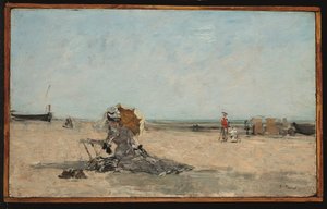 Žena se slunečníkem na pláži, asi 1880-85 (olej na desce) od Eugene Louis Boudin