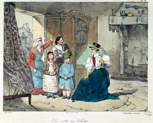 Návštěva vesnice. Bohatá žena navštíví chudou rodinu. Ilustrace knihy „La vie de chateau“. Rytina Eugene Louis Lami (1800-1890)
