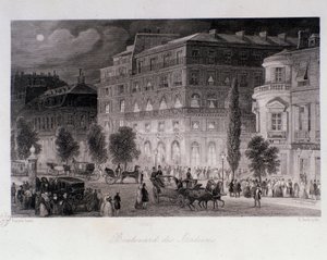 Animace kolem divadel na bulváru des Italians v Paříži. Rytina Eugene Louis Lami (1800-1890) 1843 Soukromá sbírka od Eugene Louis Lami