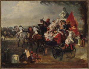 Kočár s muži a ženami v kostýmu na Champs-Elysees, 1834 od Eugene Louis Lami