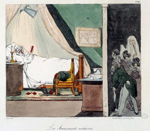 Nächtlicher Spaß. Kinder erschrecken eine Person, die im Bett liest. Illustration des Buches „La vie de chateau“. Gravur von Eugene Louis Lami (1800-1890).
