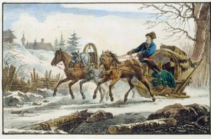 Koňské sáně s přístřeškem pro cestovatele. (Trojka Kibitka). Dílo Eugena Plucharda (1809-1880), litografie a akvarel